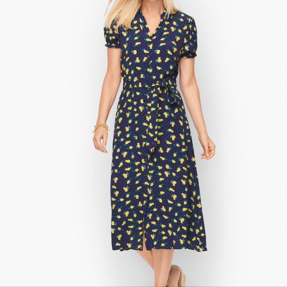 NWOT Talbots Belted Navy And Lemon Midi Dress In 20W